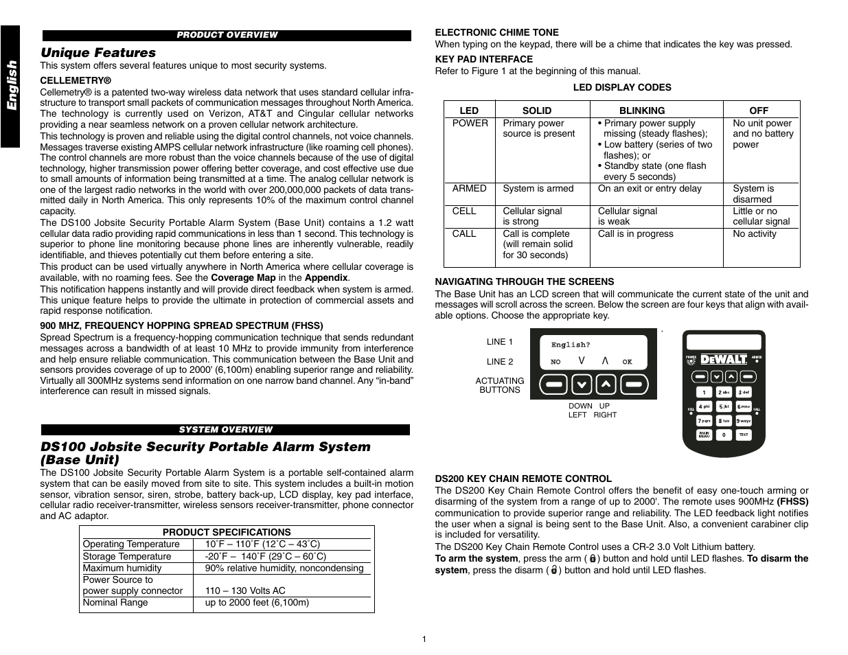 English, Unique features | DeWalt DS100 User Manual | Page 8 / 104