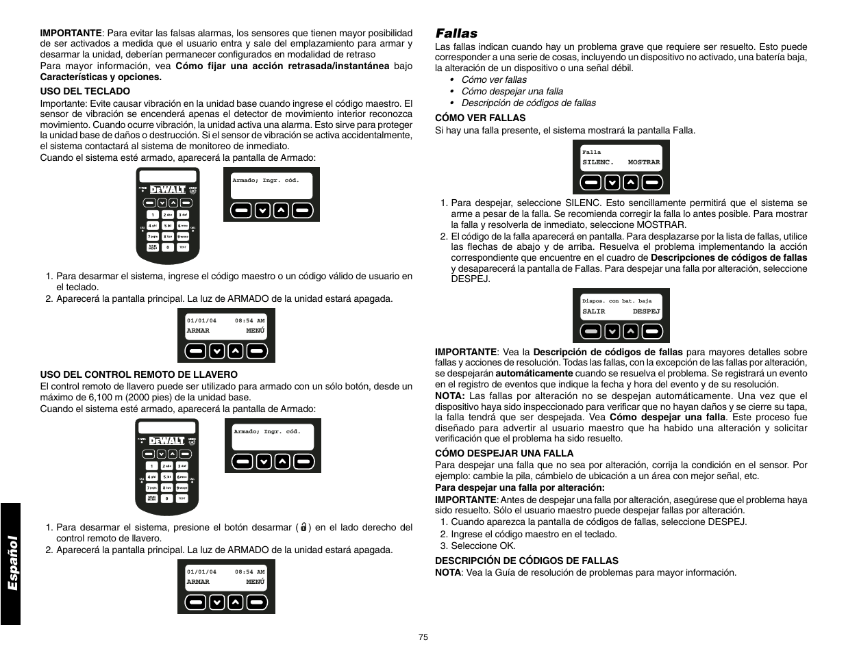 Español, Fallas | DeWalt DS100 User Manual | Page 82 / 104