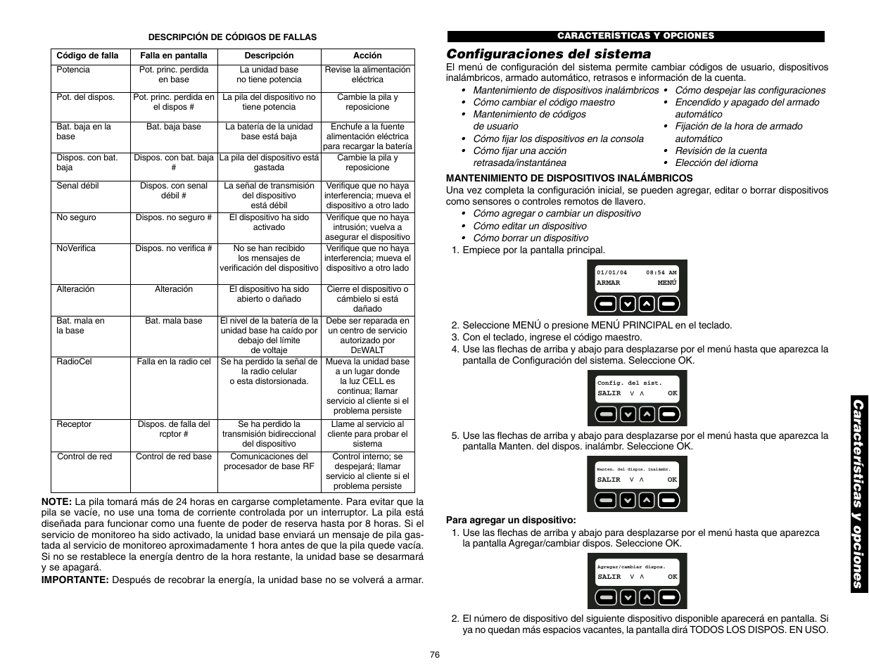 Configuraciones del sistema, Características y opciones | DeWalt DS100 User Manual | Page 83 / 104