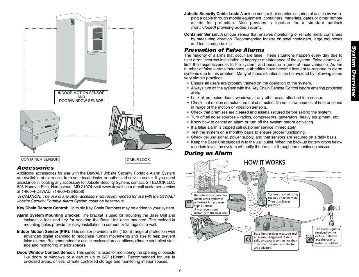 System over view, Accessories, Prevention of false alarms | During an alarm | DeWalt DS100 User Manual | Page 9 / 104