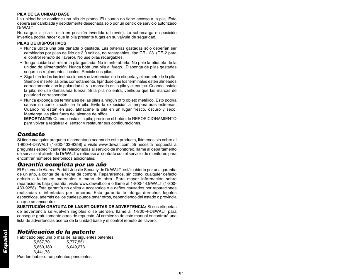 Español, Contacto, Garantía completa por un año | Notificación de la patente | DeWalt DS100 User Manual | Page 94 / 104