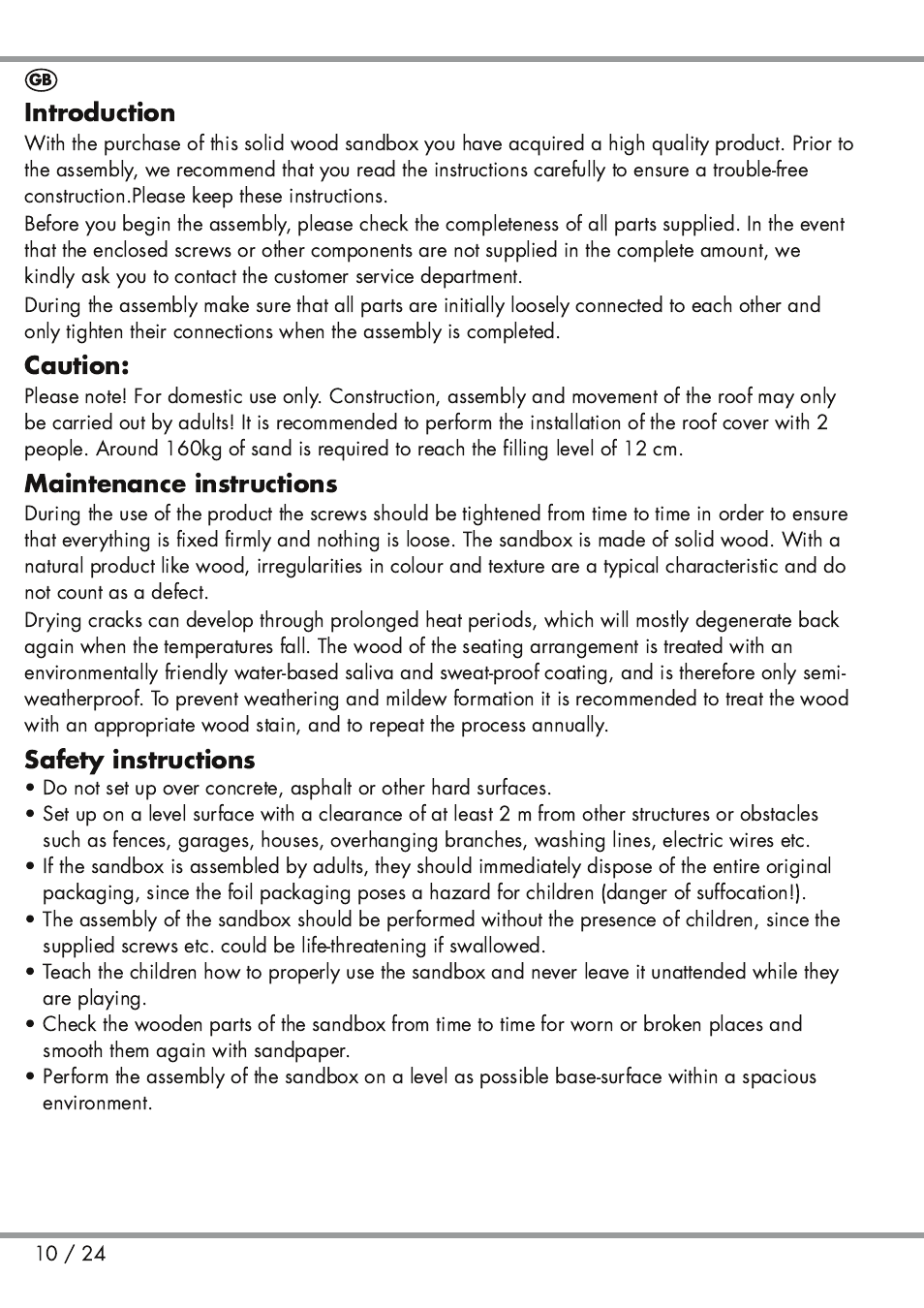 Introduction, Caution, Maintenance instructions | Safety instructions | Playtive Sandpit User Manual | Page 10 / 24