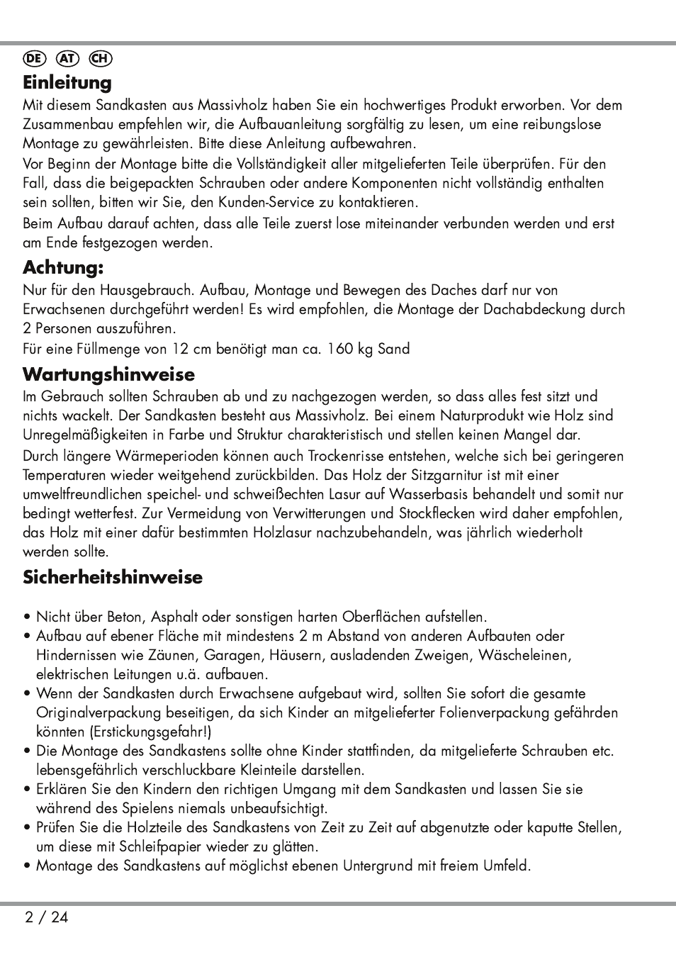 Einleitung, Achtung, Wartungshinweise | Sicherheitshinweise | Playtive Sandpit User Manual | Page 2 / 24