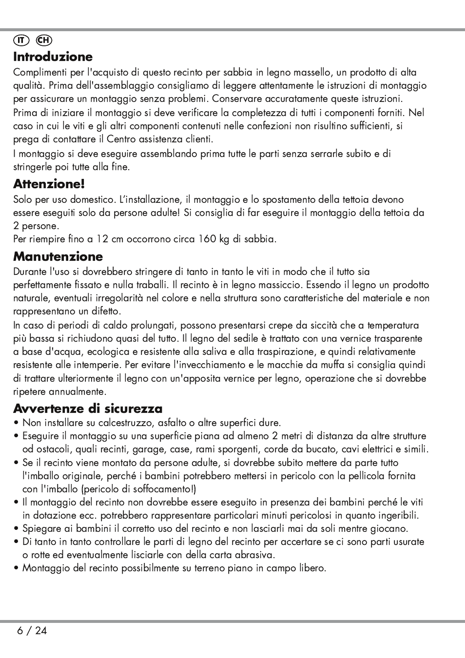 Introduzione, Attenzione, Manutenzione | Avvertenze di sicurezza | Playtive Sandpit User Manual | Page 6 / 24