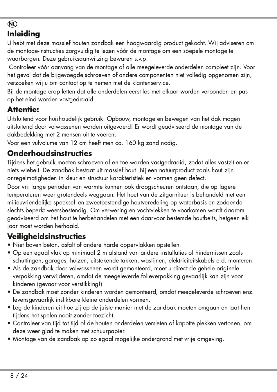 Inleiding, Attentie, Onderhoudsinstructies | Veiligheidsinstructies | Playtive Sandpit User Manual | Page 8 / 24