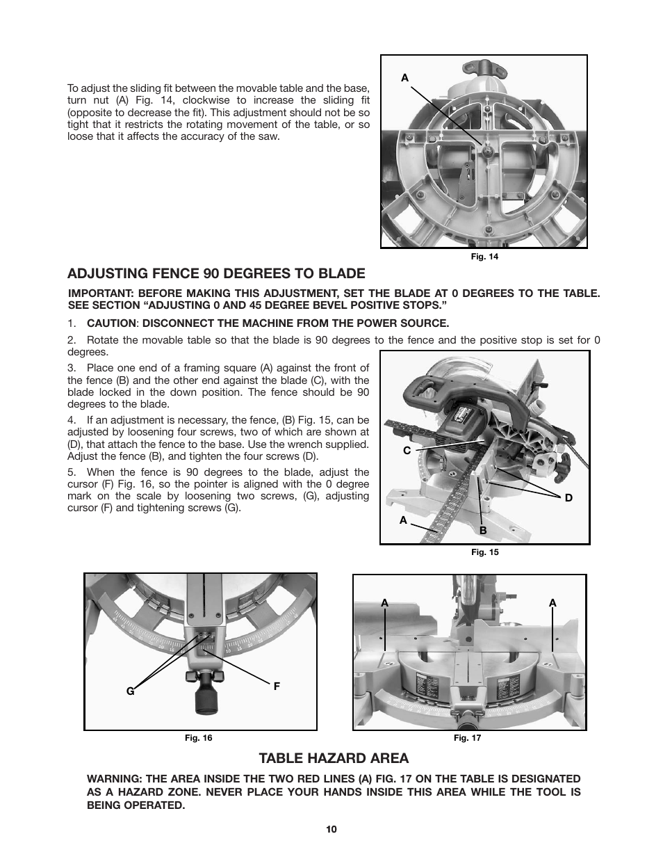 Adjusting fence 90 degrees to blade, Table hazard area | Delta 36-255 User Manual | Page 10 / 21