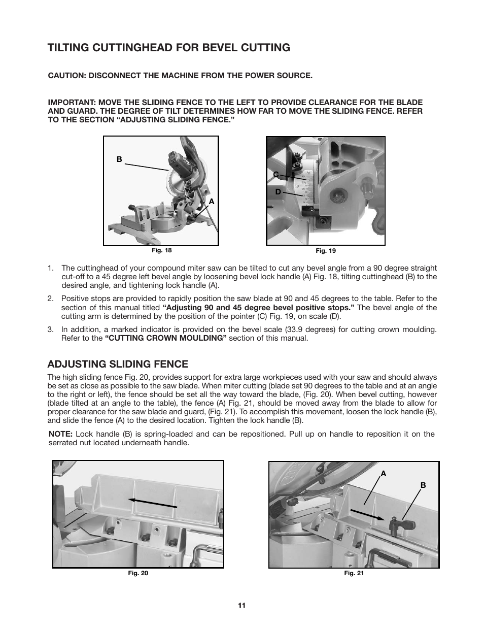 Tilting cuttinghead for bevel cutting, Adjusting sliding fence | Delta 36-255 User Manual | Page 11 / 21