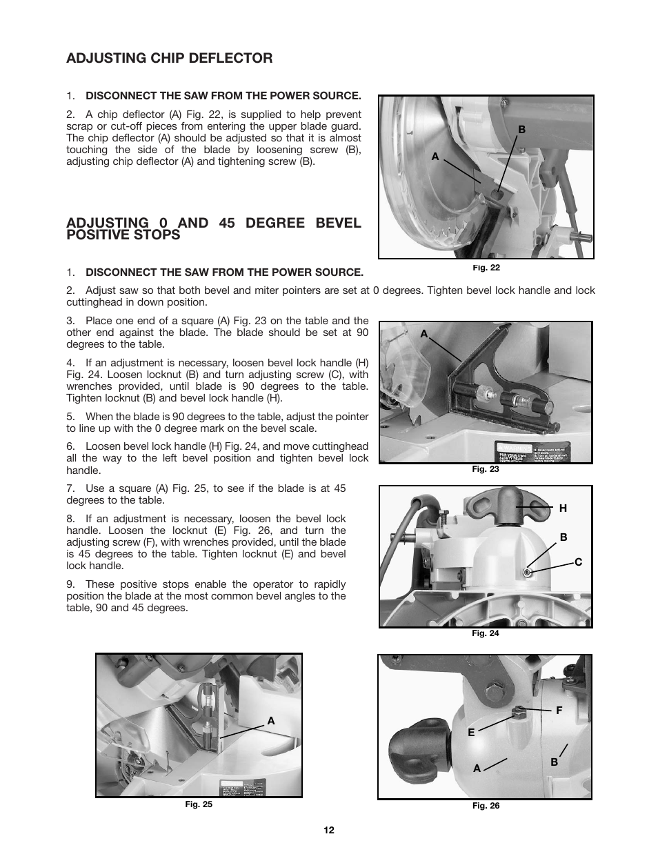 Adjusting chip deflector, Adjusting 0 and 45 degree bevel positive stops | Delta 36-255 User Manual | Page 12 / 21