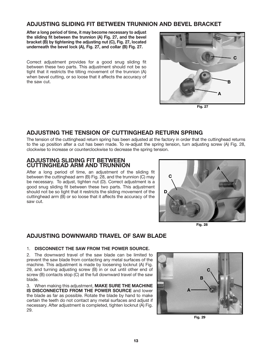 Adjusting the tension of cuttinghead return spring, Adjusting downward travel of saw blade | Delta 36-255 User Manual | Page 13 / 21