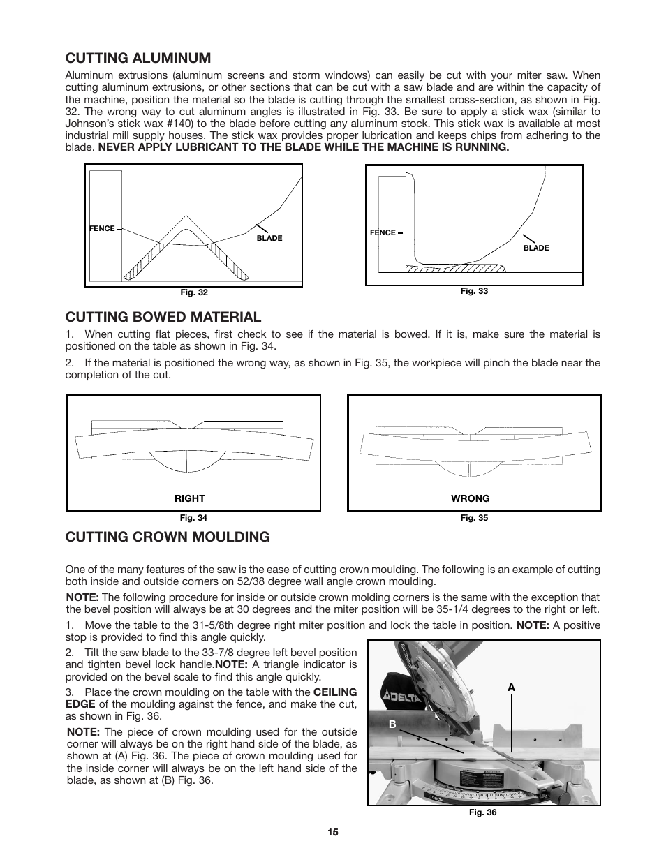 Cutting aluminum, Cutting bowed material, Cutting crown moulding | Delta 36-255 User Manual | Page 15 / 21