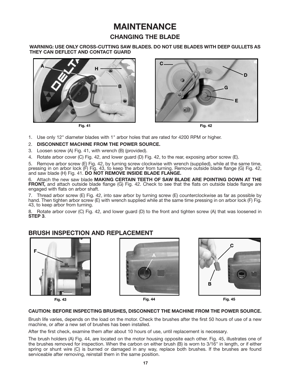 Maintenance, Changing the blade, Brush inspection and replacement | Delta 36-255 User Manual | Page 17 / 21