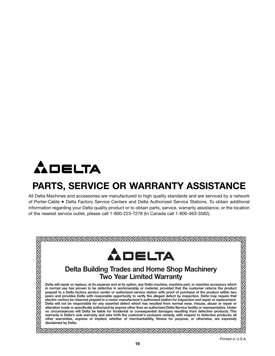 Parts, service or warranty assistance | Delta 36-255 User Manual | Page 19 / 21