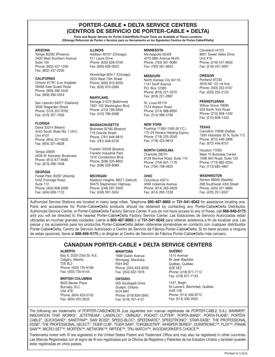Porter-cable, Delta), Canadian porter-cable | Delta service centers | Delta 36-255 User Manual | Page 21 / 21