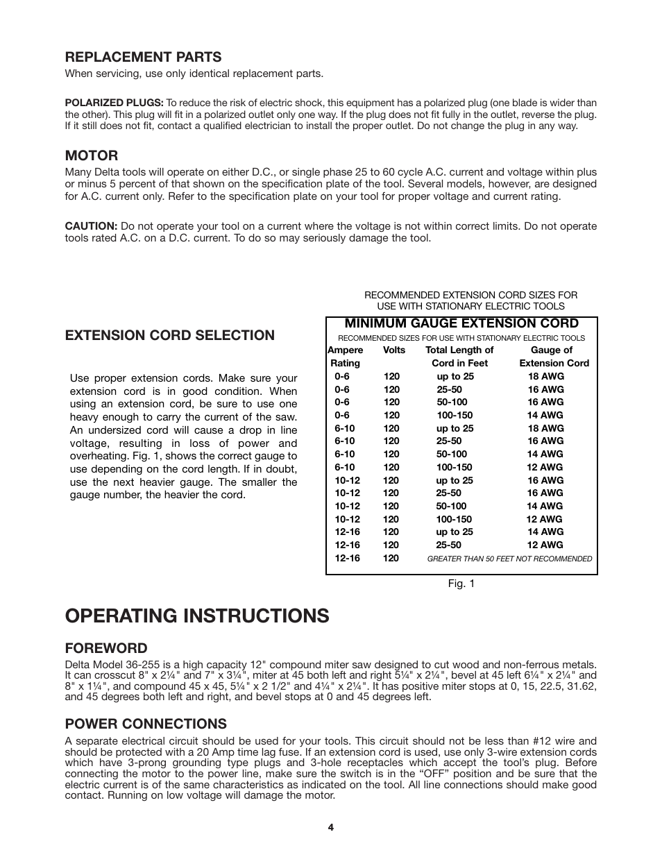 Operating instructions, Replacement parts, Motor | Extension cord selection, Foreword, Power connections | Delta 36-255 User Manual | Page 4 / 21