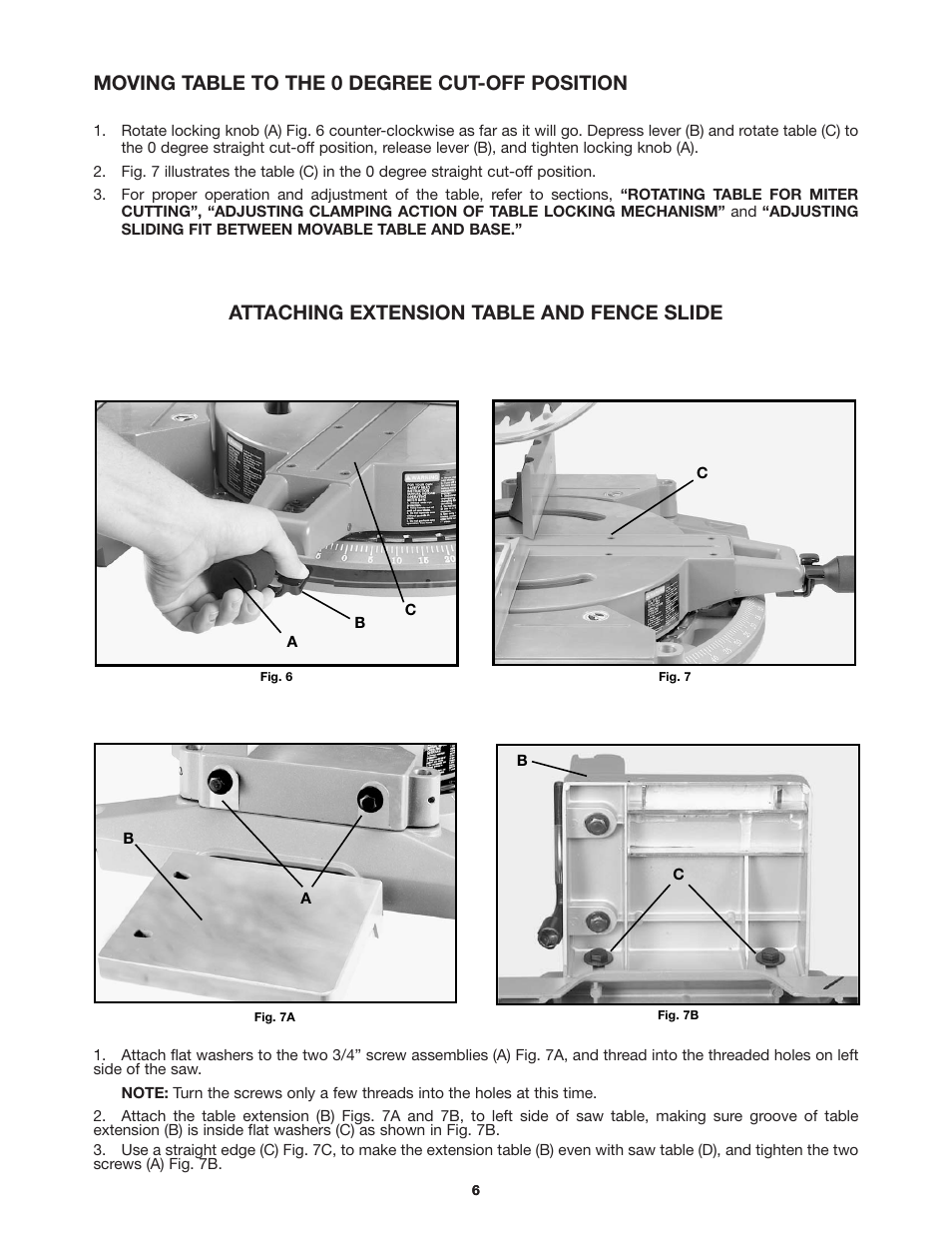 Moving table to the 0 degree cut-off position, Attaching extension table and fence slide | Delta 36-255 User Manual | Page 6 / 21