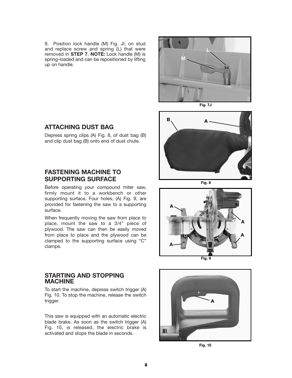 Attaching dust bag, Fastening machine to supporting surface, Starting and stopping machine | Delta 36-255 User Manual | Page 8 / 21