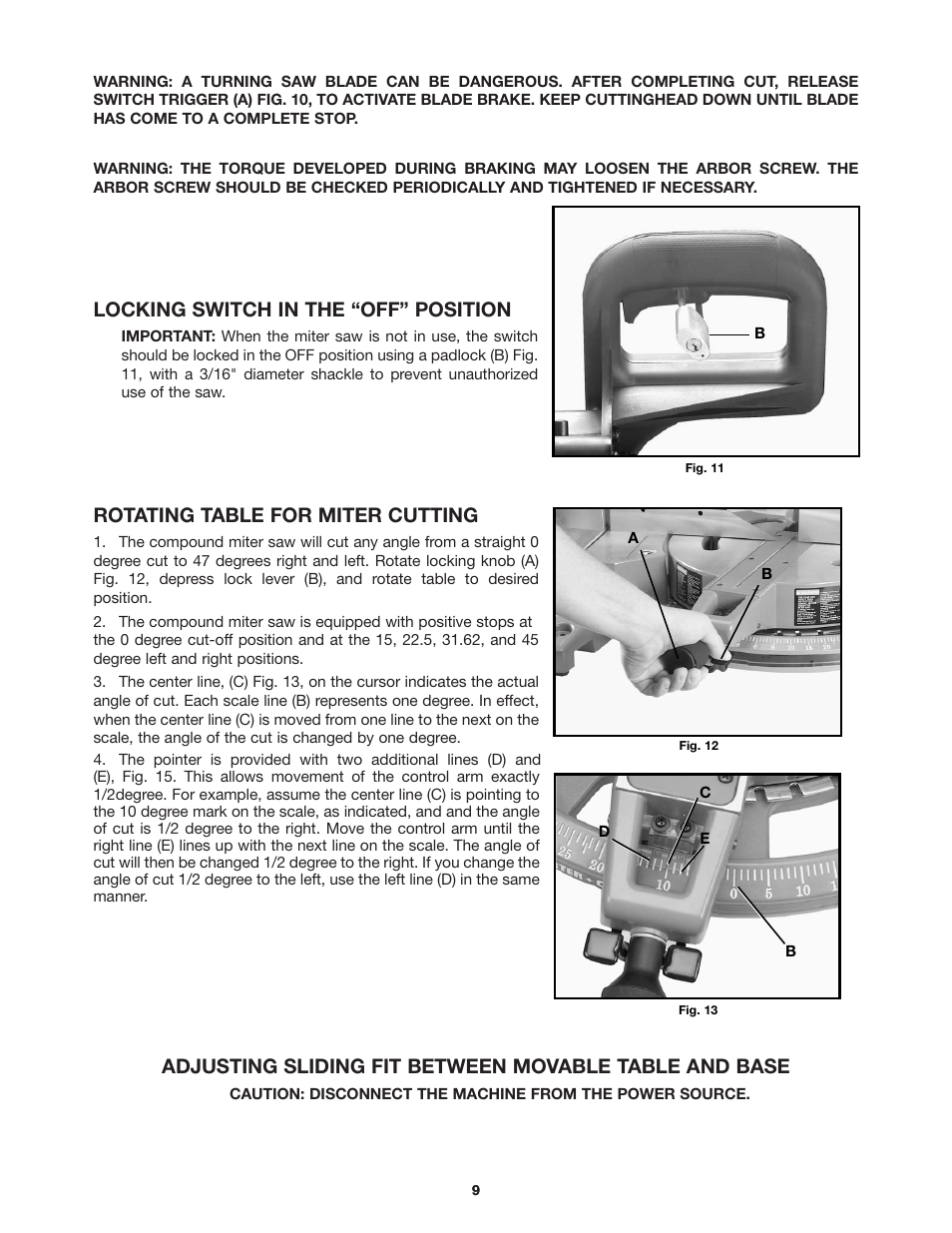 Locking switch in the “off” position, Rotating table for miter cutting | Delta 36-255 User Manual | Page 9 / 21