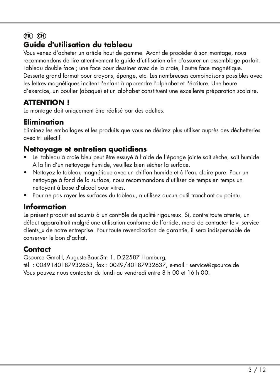 Guide d'utilisation du tableau, Attention, Elimination | Nettoyage et entretien quotidiens, Information, Contact | Playtive Kids' Easel User Manual | Page 3 / 12