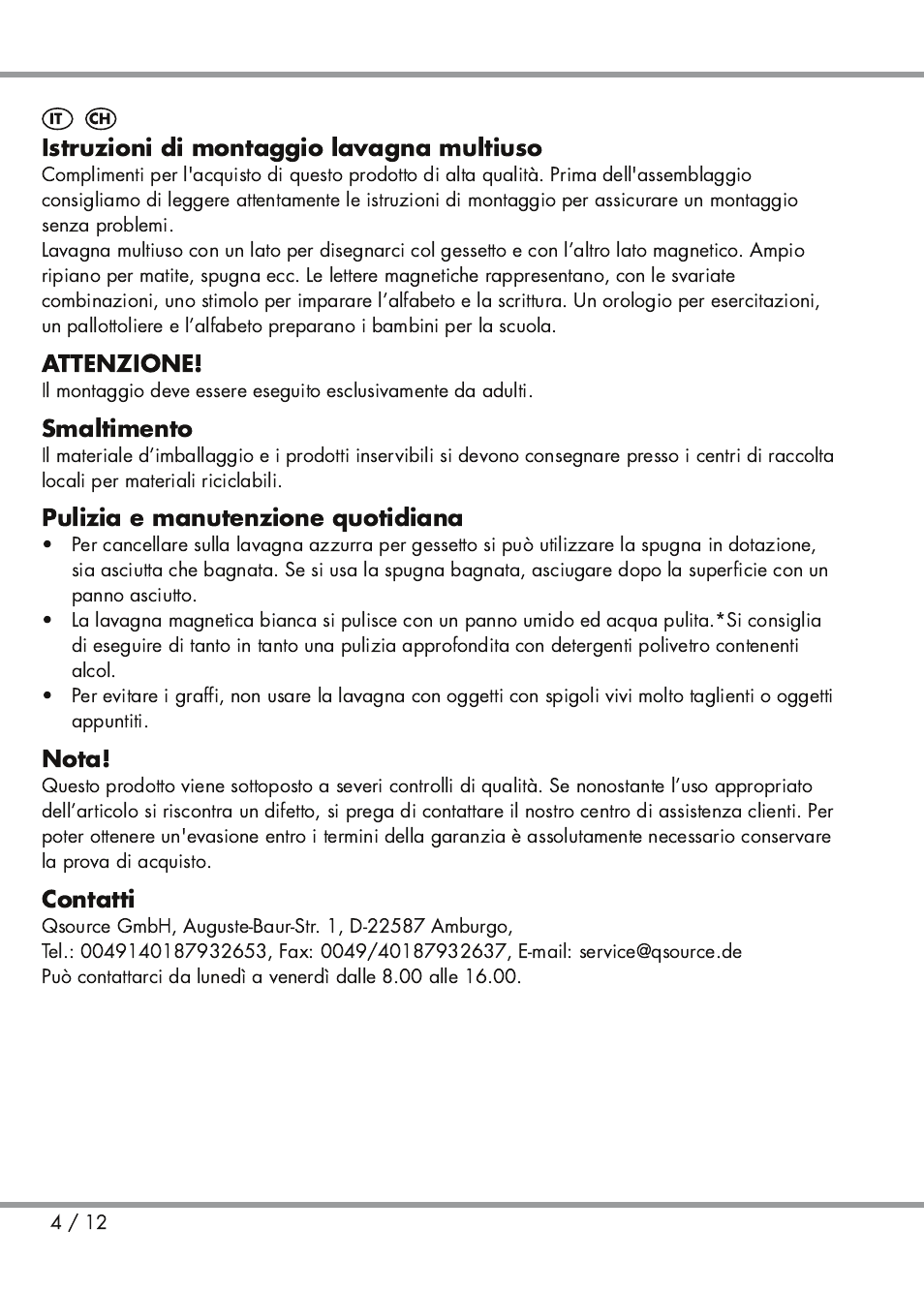 Istruzioni di montaggio lavagna multiuso, Attenzione, Smaltimento | Pulizia e manutenzione quotidiana, Nota, Contatti | Playtive Kids' Easel User Manual | Page 4 / 12