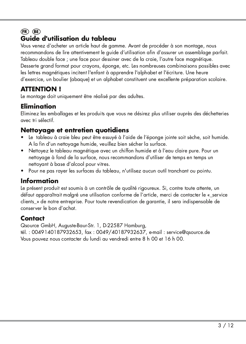 Guide d'utilisation du tableau, Attention, Elimination | Nettoyage et entretien quotidiens, Information, Contact | Playtive Kids' Easel User Manual | Page 3 / 12