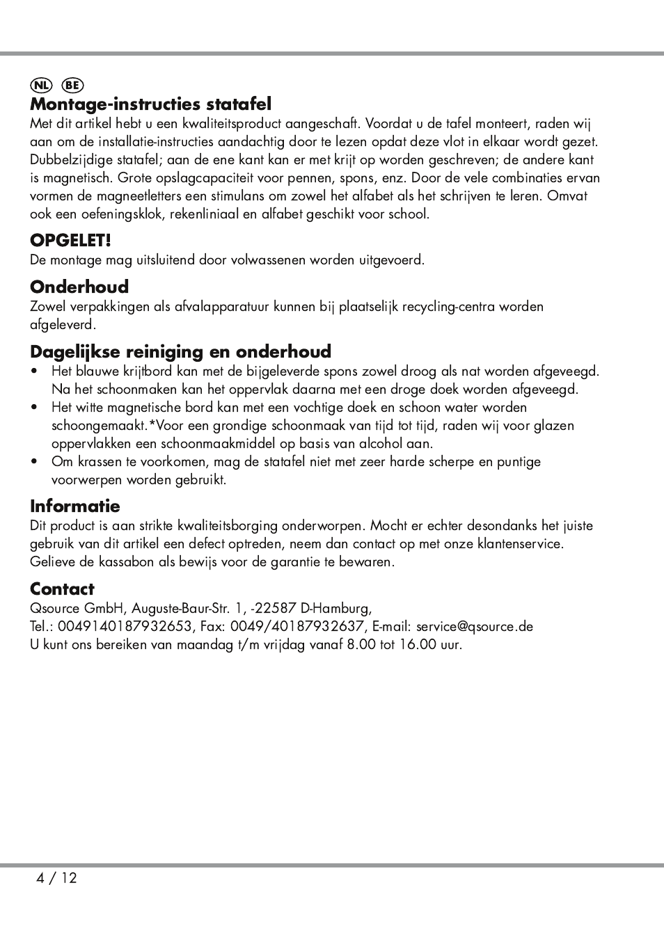 Montageinstructies statafel, Opgelet, Onderhoud | Dagelijkse reiniging en onderhoud, Informatie, Contact | Playtive Kids' Easel User Manual | Page 4 / 12