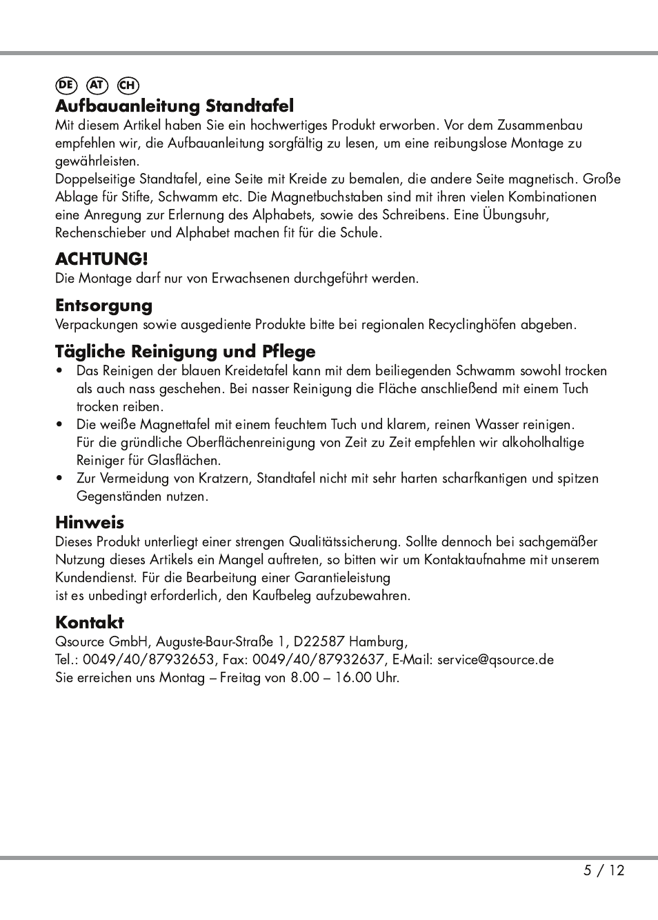 Aufbauanleitung standtafel, Achtung, Entsorgung | Tägliche reinigung und pflege, Hinweis, Kontakt | Playtive Kids' Easel User Manual | Page 5 / 12