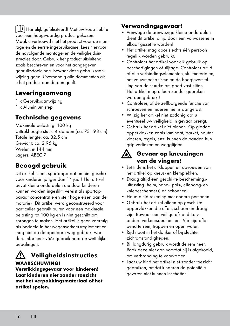 Leveringsomvang, Technische gegevens, Beoogd gebruik | Veiligheidsinstructies | Playtive Aluminium Scooter User Manual | Page 16 / 24