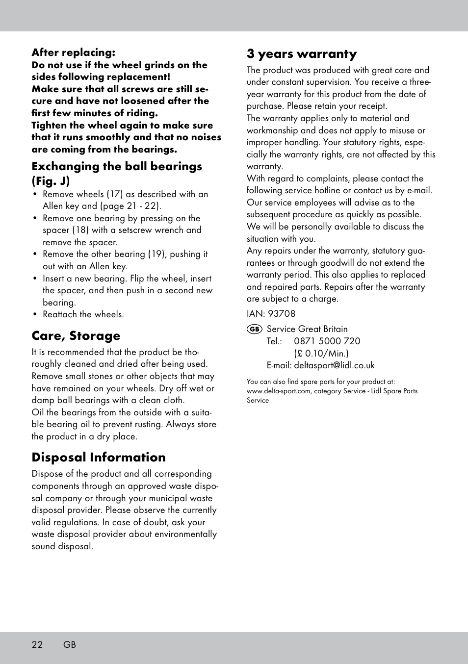 3 years warranty, Care, storage, Disposal information | Exchanging the ball bearings (fig. j) | Playtive Aluminium Scooter User Manual | Page 22 / 24