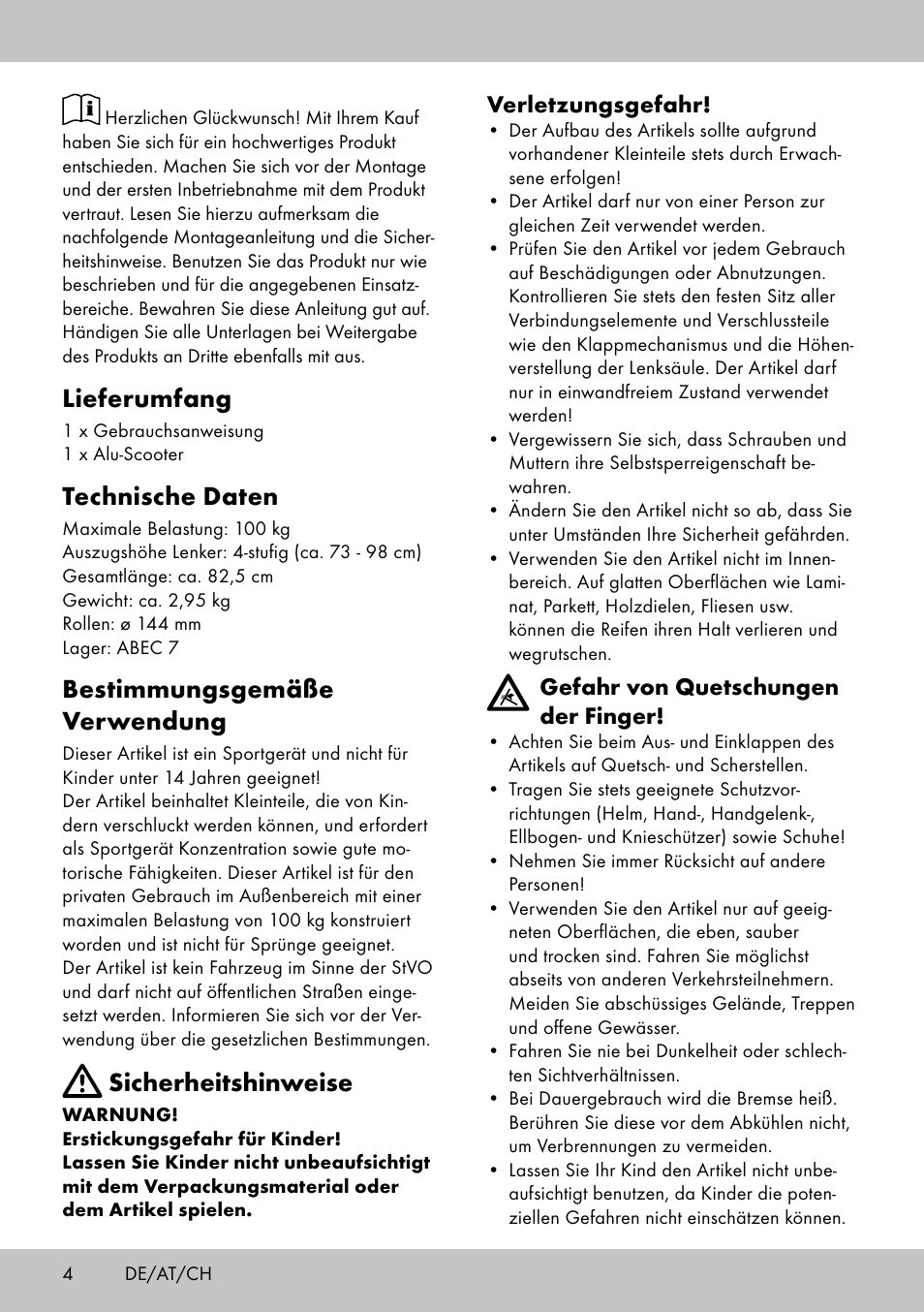 Lieferumfang, Technische daten, Bestimmungsgemäße verwendung | Sicherheitshinweise | Playtive Aluminium Scooter User Manual | Page 4 / 24