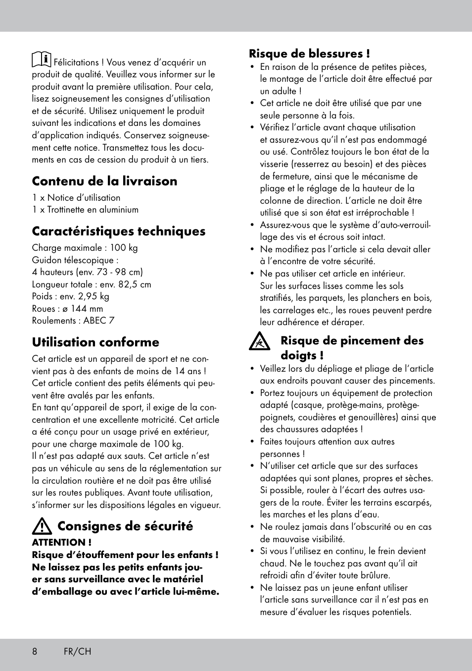 Contenu de la livraison, Caractéristiques techniques, Utilisation conforme | Consignes de sécurité | Playtive Aluminium Scooter User Manual | Page 8 / 24