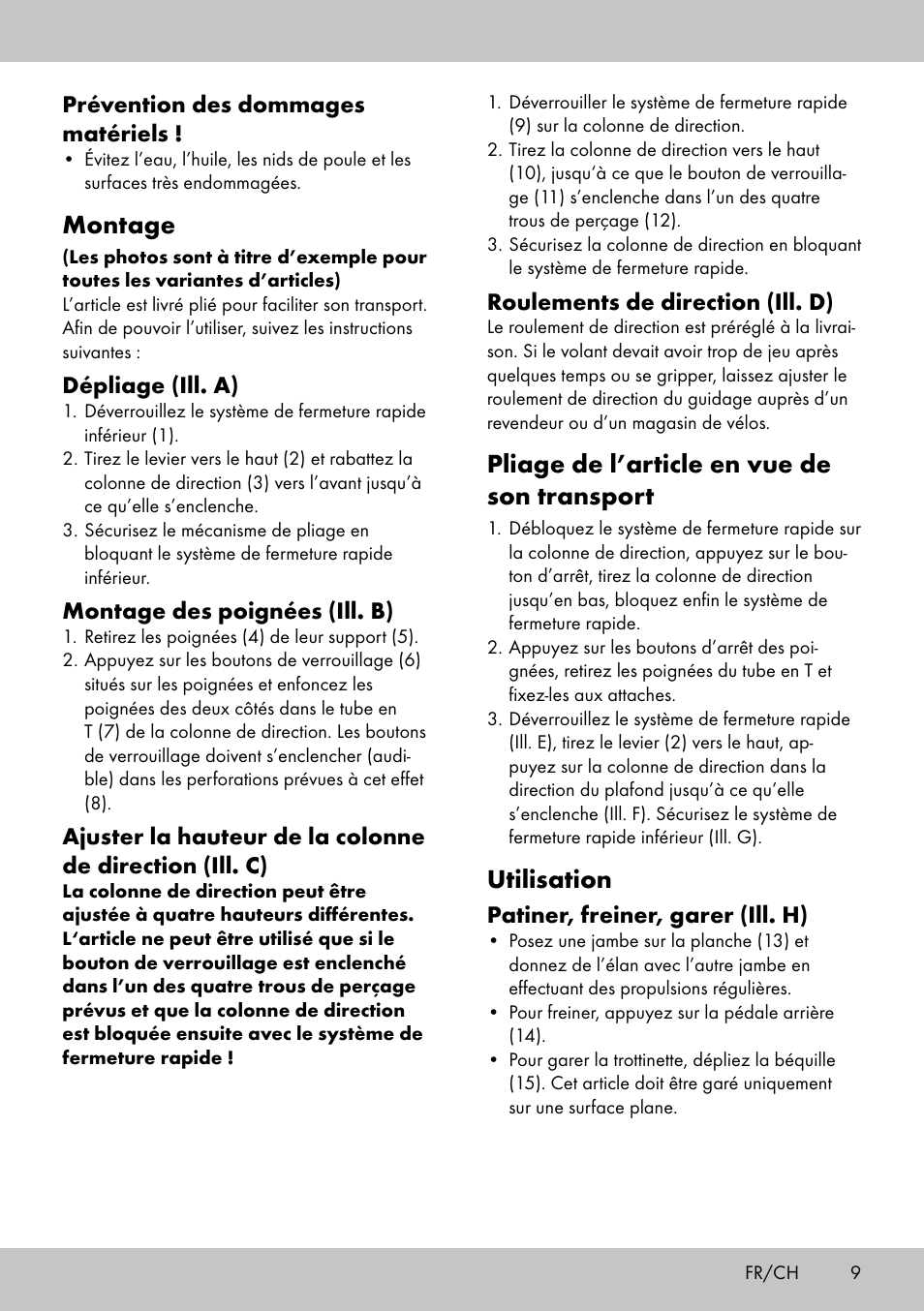 Montage, Pliage de l’article en vue de son transport, Utilisation | Playtive Aluminium Scooter User Manual | Page 9 / 24