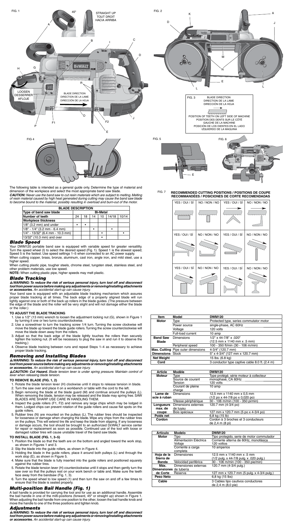 Blade speed, Blade tracking, Removing and installing blades | Multi-position bail handle (fig. 1), Adjustments | DeWalt DWM120 User Manual | Page 2 / 7