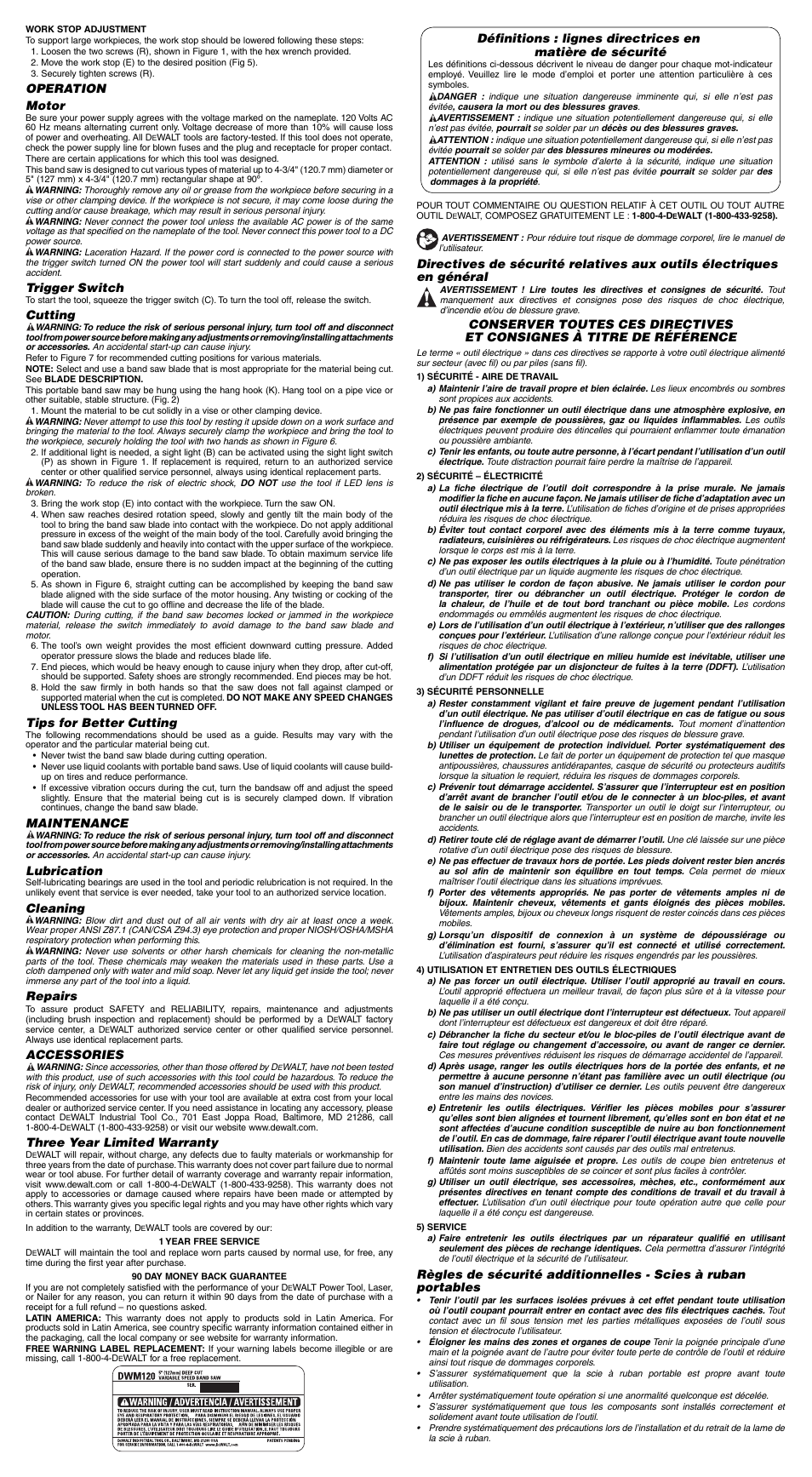 Operation motor, Trigger switch, Cutting | Tips for better cutting, Maintenance, Lubrication, Cleaning, Repairs, Accessories, Three year limited warranty | DeWalt DWM120 User Manual | Page 3 / 7