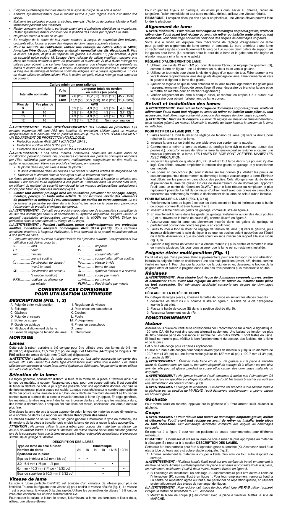 Montage lames, Sélection de la lame, Vitesse de lame | Alignement de lame, Retrait et installation des lames, Poignée étrier multi-position (fig. 1), Réglages, Fonctionnement moteur, Gâchette, Coupe | DeWalt DWM120 User Manual | Page 4 / 7