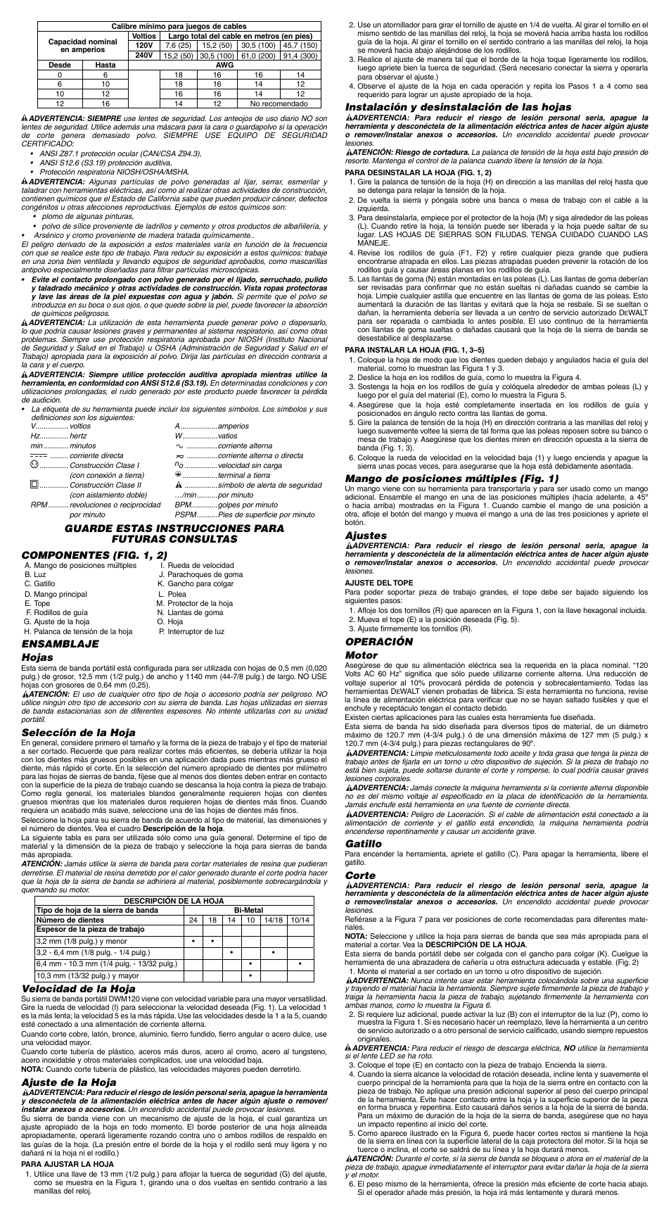Ensamblaje hojas, Selección de la hoja, Velocidad de la hoja | Ajuste de la hoja, Instalación y desinstalación de las hojas, Mango de posiciones múltiples (fig. 1), Ajustes, Operación motor, Gatillo, Corte | DeWalt DWM120 User Manual | Page 6 / 7