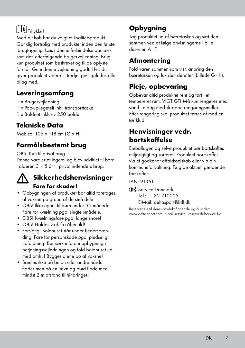 Opbygning, Afmontering, Pleje, opbevaring | Henvisninger vedr. bortskaffelse, Leveringsomfang, Tekniske data, Formålsbestemt brug, Sikkerhedshenvisninger | Playtive Pop-up Play Tent User Manual | Page 5 / 10