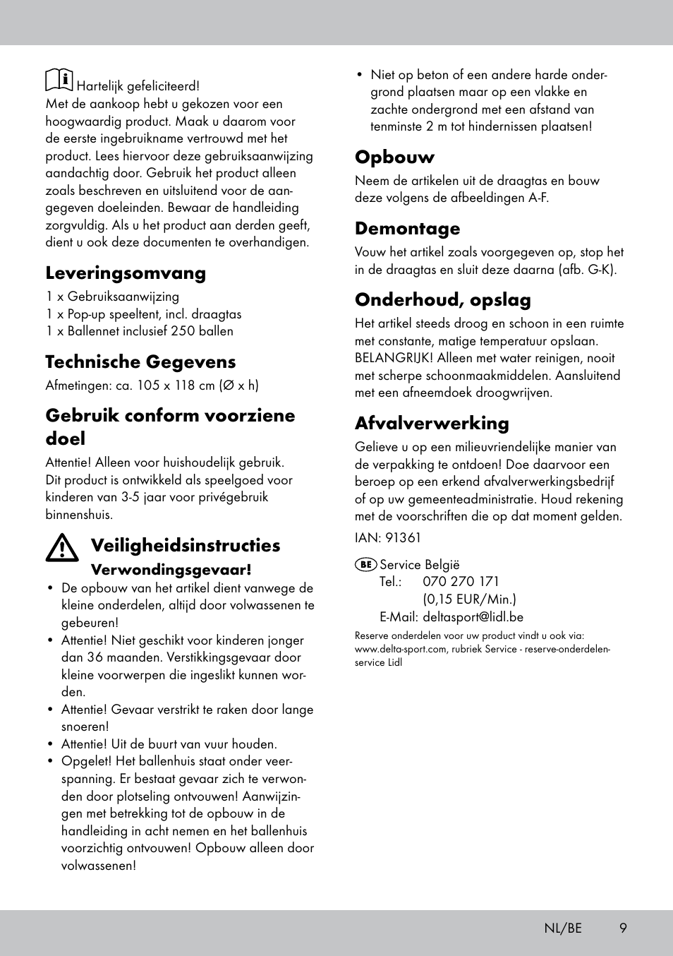 Opbouw, Demontage, Onderhoud, opslag | Afvalverwerking, Leveringsomvang, Technische gegevens, Gebruik conform voorziene doel, Veiligheidsinstructies | Playtive Pop-up Play Tent User Manual | Page 7 / 10