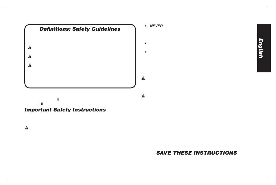 English definitions: safety guidelines, Important safety instructions, Save these instructions | DeWalt ENGINES DW177F User Manual | Page 3 / 18