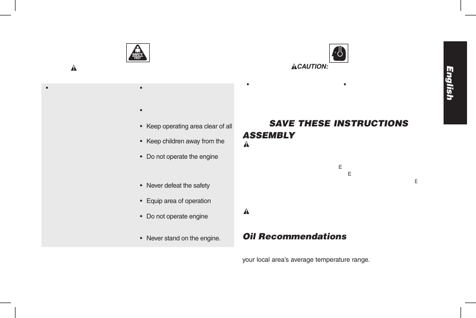 English, Save these instructions assembly, Oil recommendations | DeWalt ENGINES DW177F User Manual | Page 7 / 18