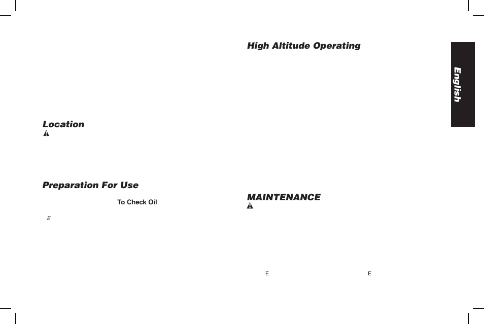 English, Location, Preparation for use | High altitude operating, Maintenance | DeWalt ENGINES DW177F User Manual | Page 9 / 18