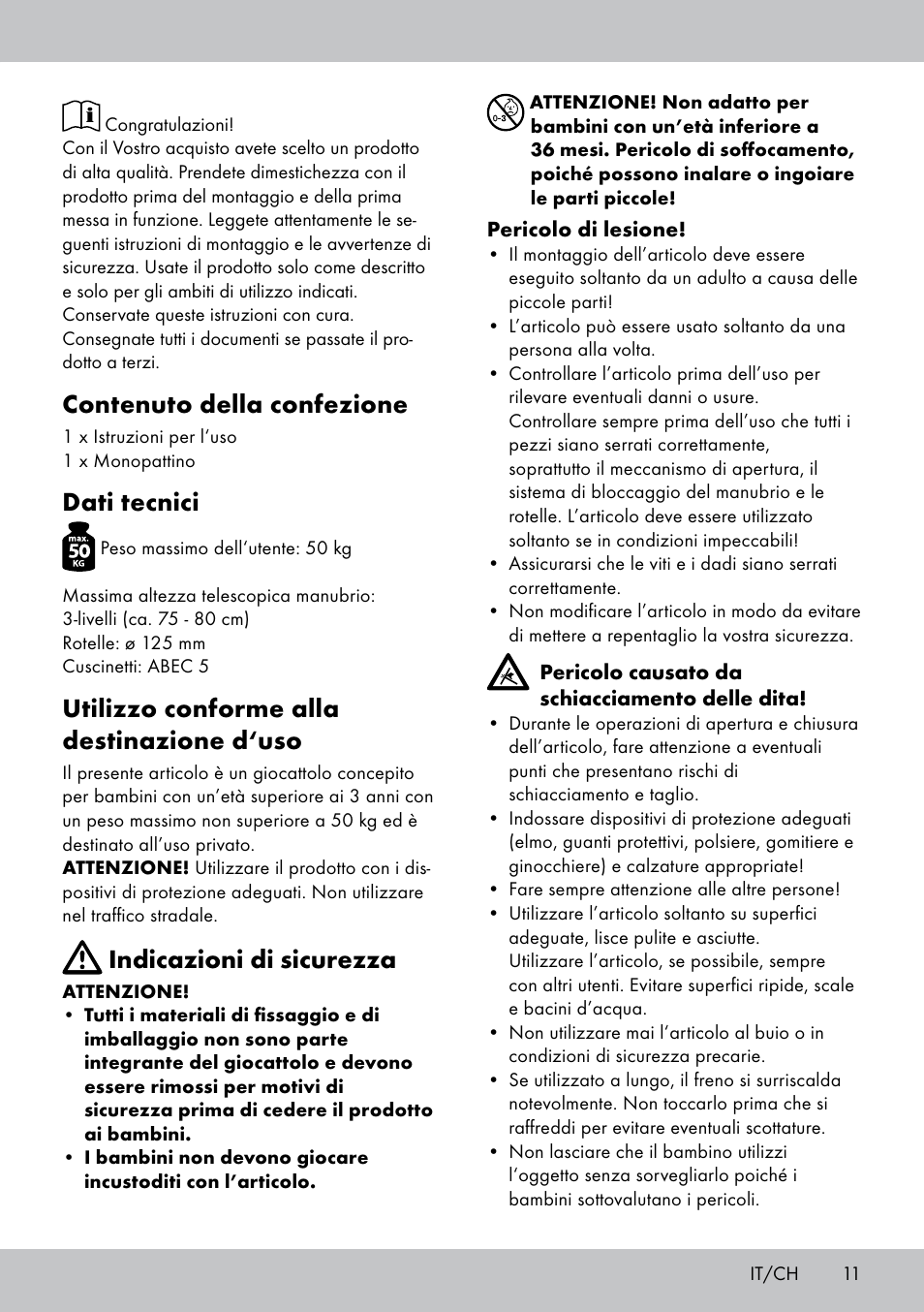 Contenuto della confezione, Dati tecnici, Utilizzo conforme alla destinazione d‘uso | Indicazioni di sicurezza | Playtive Scooter User Manual | Page 11 / 20