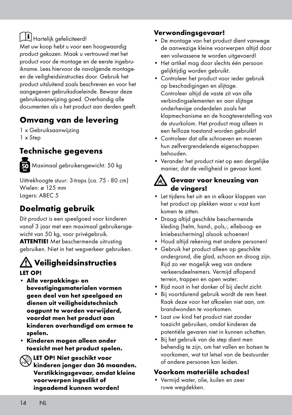 Omvang van de levering, Technische gegevens, Doelmatig gebruik | Veiligheidsinstructies | Playtive Scooter User Manual | Page 14 / 20