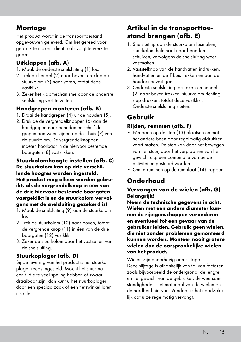 Montage, Artikel in de transporttoe- stand brengen (afb. e), Gebruik | Onderhoud | Playtive Scooter User Manual | Page 15 / 20