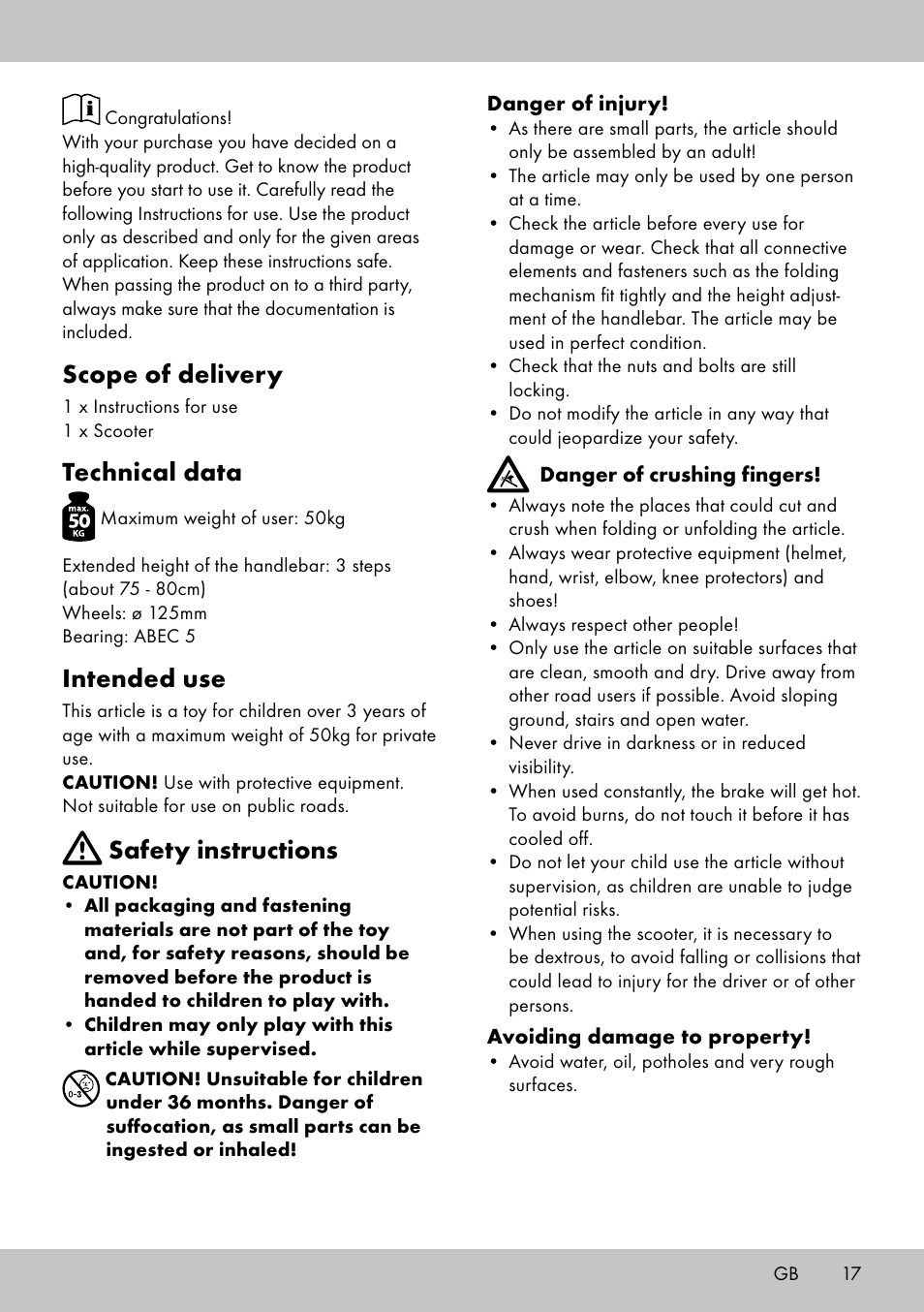 Scope of delivery, Technical data, Intended use | Safety instructions | Playtive Scooter User Manual | Page 17 / 20