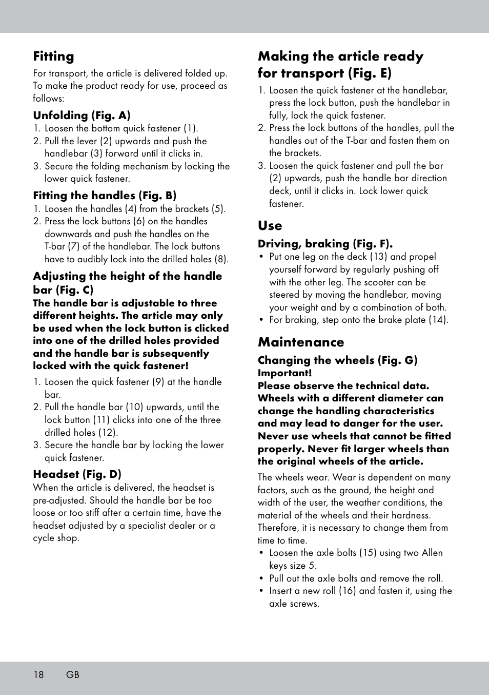 Fitting, Making the article ready for transport (fig. e), Maintenance | Playtive Scooter User Manual | Page 18 / 20