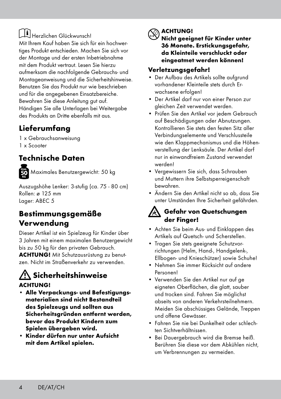 Lieferumfang, Technische daten, Bestimmungsgemäße verwendung | Sicherheitshinweise | Playtive Scooter User Manual | Page 4 / 20