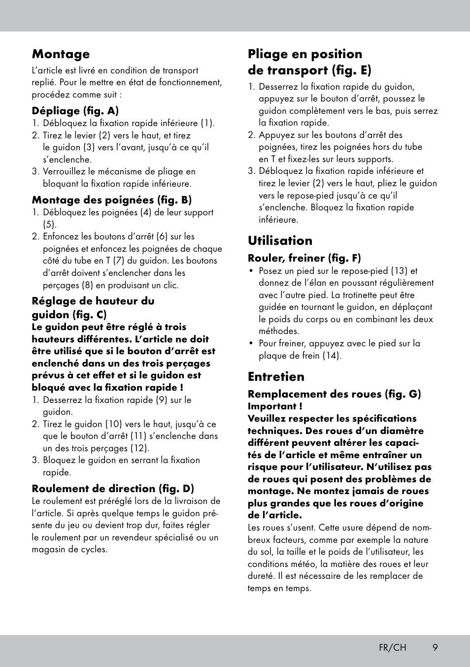 Montage, Pliage en position de transport (fig. e), Utilisation | Entretien | Playtive Scooter User Manual | Page 9 / 20