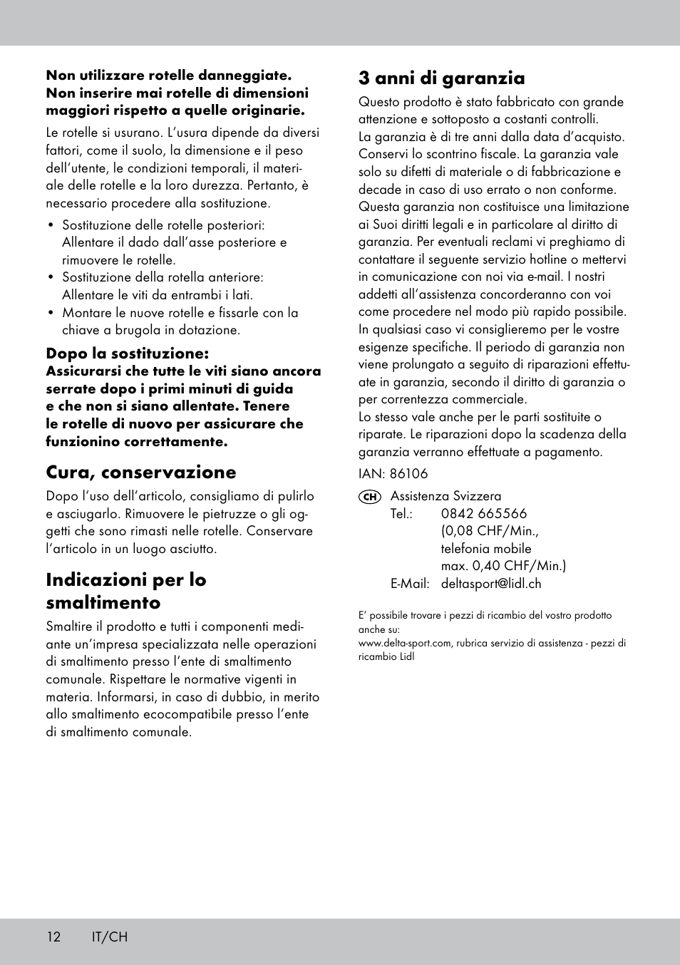 3 anni di garanzia, Cura, conservazione, Indicazioni per lo smaltimento | Playtive Tri Scooter User Manual | Page 12 / 20