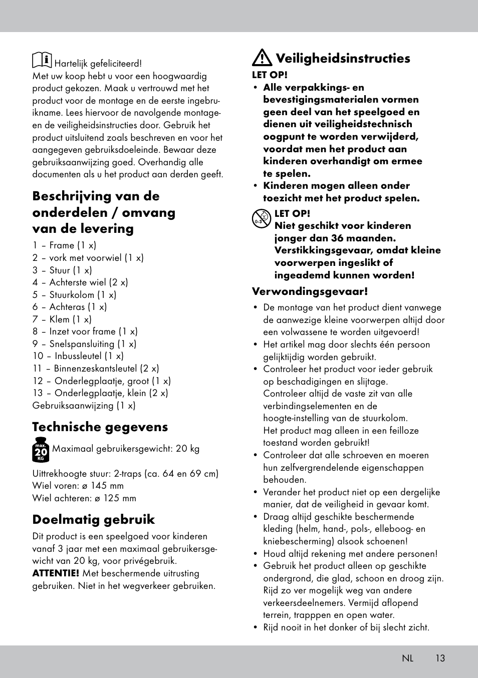 Technische gegevens, Doelmatig gebruik, Veiligheidsinstructies | Playtive Tri Scooter User Manual | Page 13 / 20