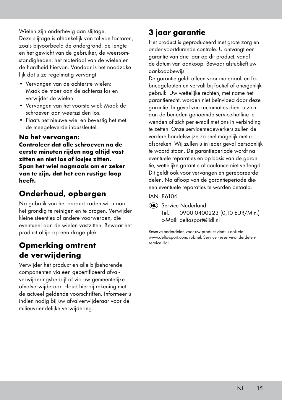 3 jaar garantie, Onderhoud, opbergen, Opmerking omtrent de verwijdering | Playtive Tri Scooter User Manual | Page 15 / 20